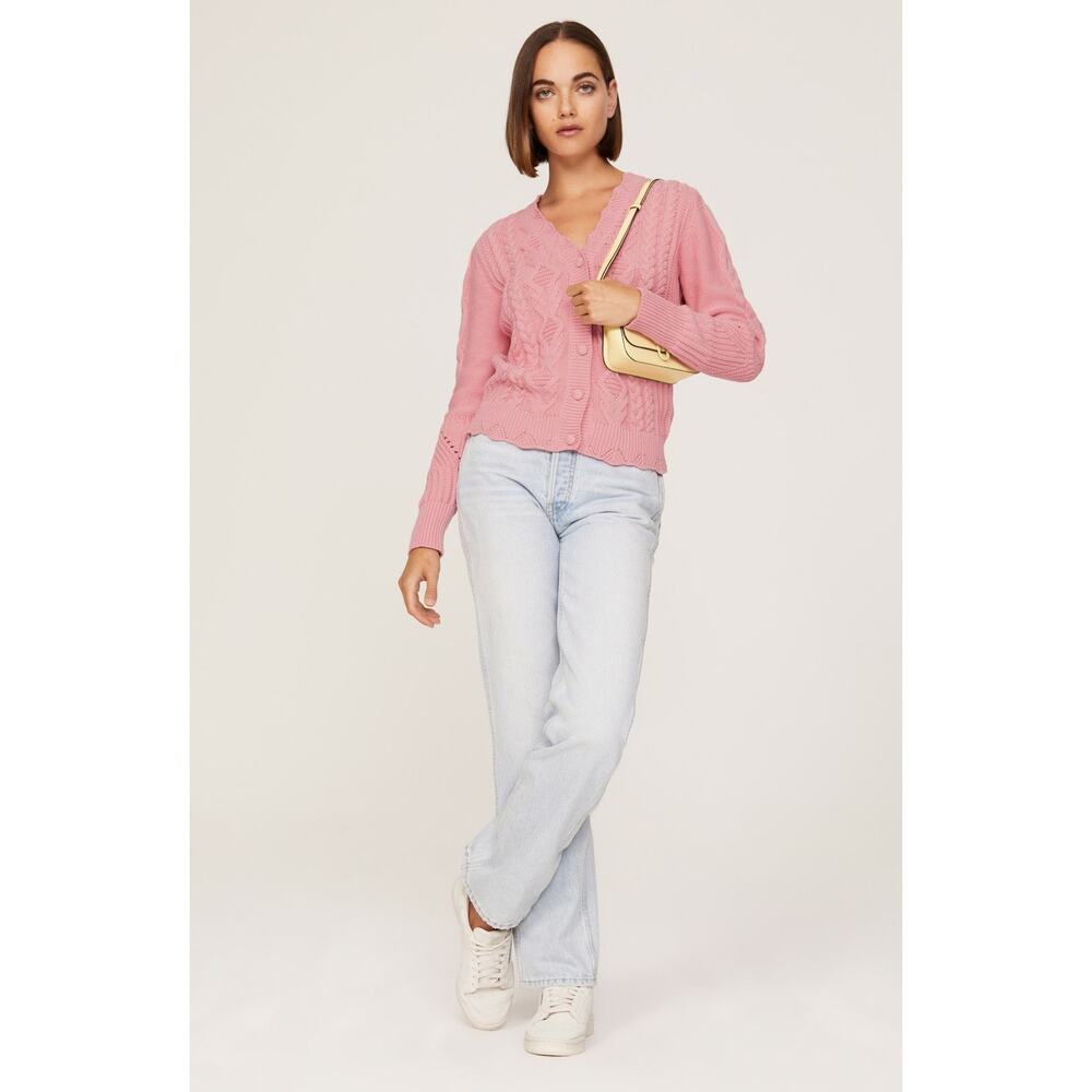 LoveShackFancy Anselma Pink Cable Knit Cotton Button Cardigan Sweater Size Small